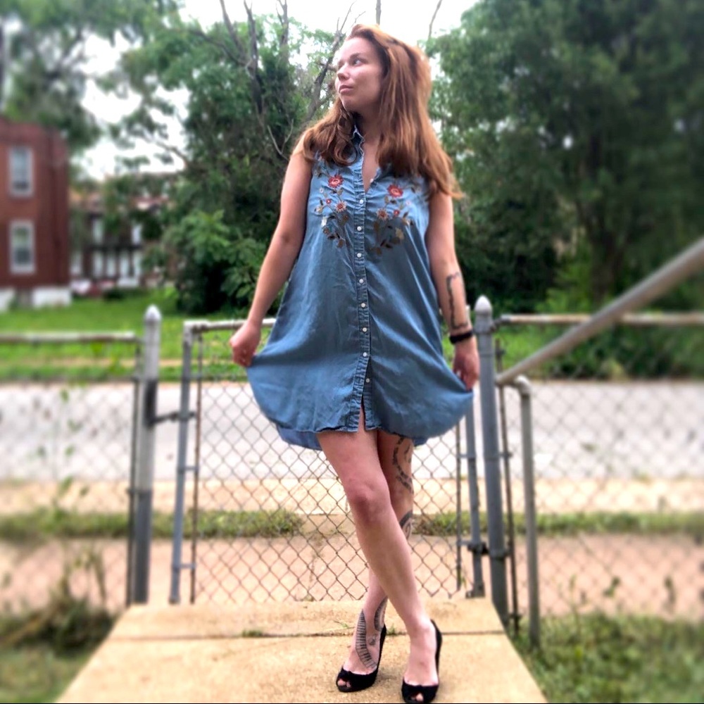 Denim Pearl Button down Floral Embroidery Dress